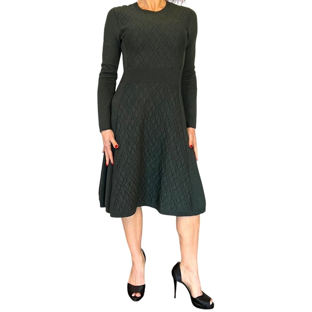 Lela Rose Vintage Crewneck Sweater Dress Green Quilted Wool/ Cashmere/Silk S